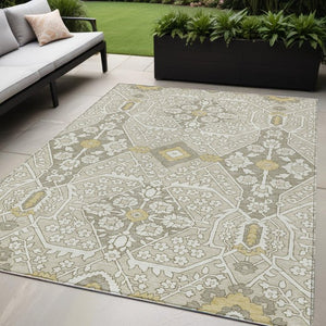 Homeroots 3' Versatile Floral Indoor Outdoor Area Rug In Artichoke Green, Ivory, And Gray - Washable Design 5' X 8' Polyester 590059
