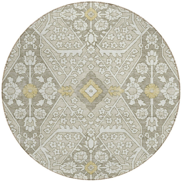 Homeroots 3' Versatile Floral Indoor Outdoor Area Rug In Artichoke Green, Ivory, And Gray - Washable Design 8' Round Polyester 590060