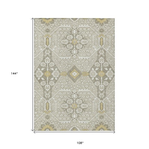 Homeroots 3' Versatile Floral Indoor Outdoor Area Rug In Artichoke Green, Ivory, And Gray - Washable Design 9' X 12' Polyester 590062