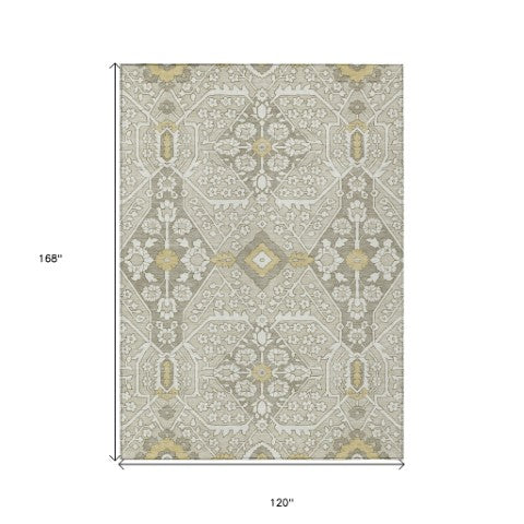 Homeroots 3' Versatile Floral Indoor Outdoor Area Rug In Artichoke Green, Ivory, And Gray - Washable Design 10' X 14' Polyester 590063