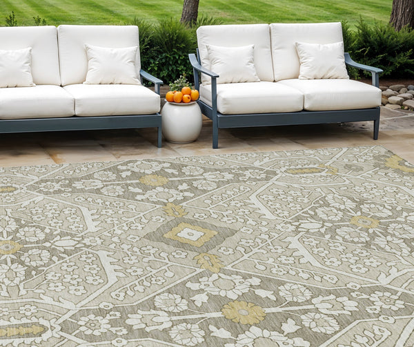 Homeroots 3' Versatile Floral Indoor Outdoor Area Rug In Artichoke Green, Ivory, And Gray - Washable Design 10' X 14' Polyester 590063