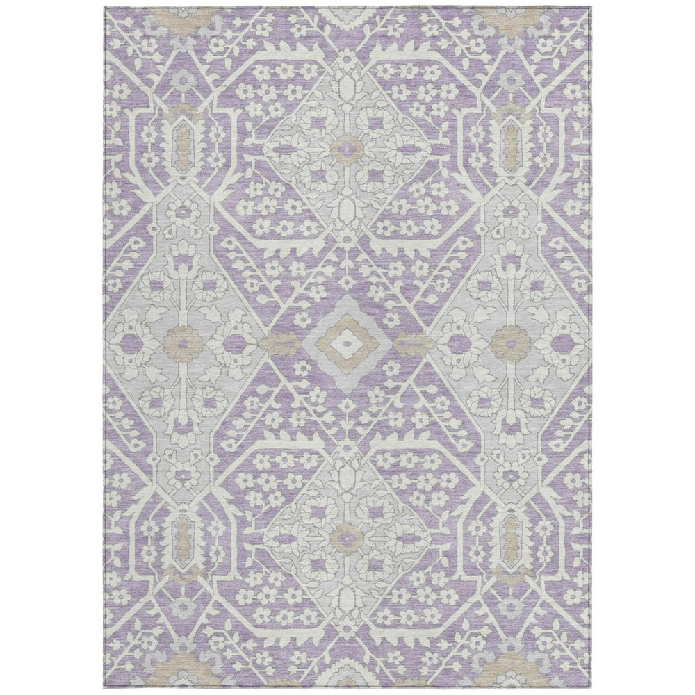 HomeRoots 5' Floral Washable Area Rug in Lavender Gray and Beige - Durable for Indoor and Outdoor Use 5' X 8' 590065