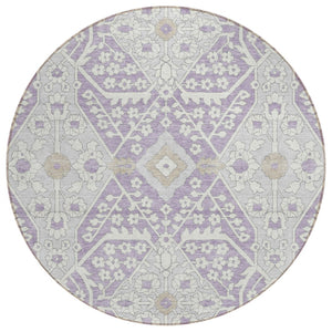 HomeRoots 5' Floral Washable Area Rug in Lavender Gray and Beige - Durable for Indoor and Outdoor Use 8' Round 590066