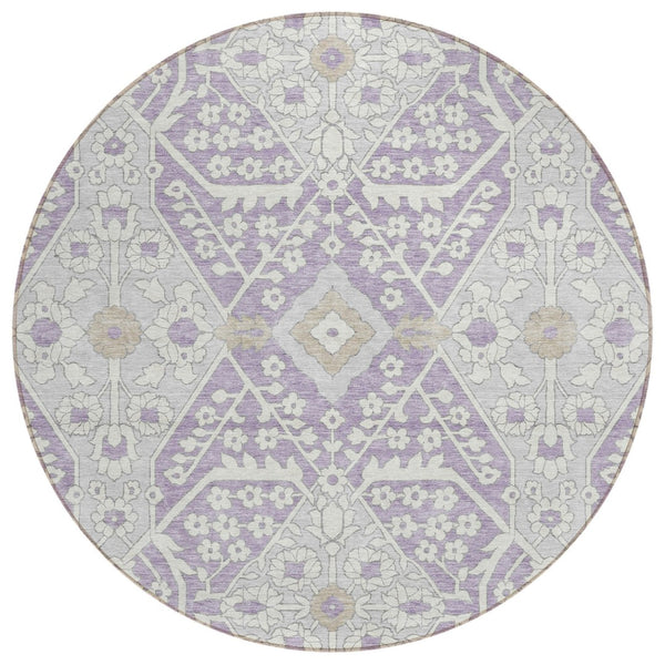 HomeRoots 5' Floral Washable Area Rug in Lavender Gray and Beige - Durable for Indoor and Outdoor Use 8' Round 590066