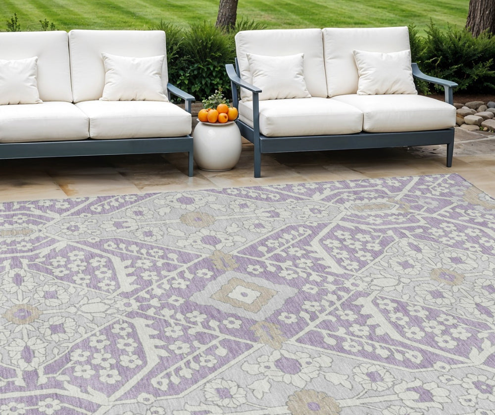 HomeRoots 9' Floral Area Rug in Lavender Gray and Beige - Durable, Washable Design for Indoor & Outdoor Use 9' X 12' 590068