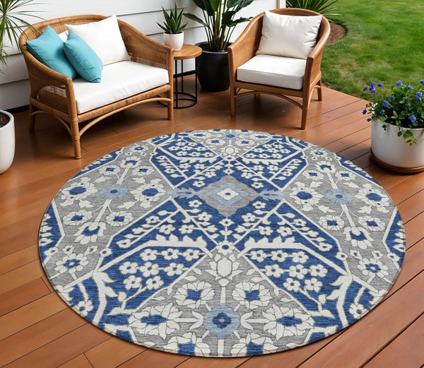 Homeroots 3' Versatile Floral Indoor Outdoor Area Rug In Artichoke Green, Ivory, And Gray - Washable Design 8' Round Polyester 590072