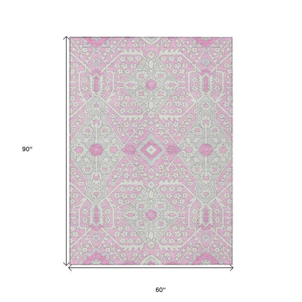 HomeRoots 5' Floral Washable Area Rug in Pink, Ivory & Gray - Durable, Stylish & Perfect for Indoor/Outdoor Use 5' X 8' 590077