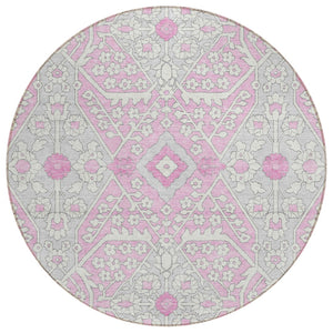 HomeRoots 5' Floral Washable Area Rug in Pink, Ivory & Gray - Durable, Stylish & Perfect for Indoor/Outdoor Use 8' Round 590078