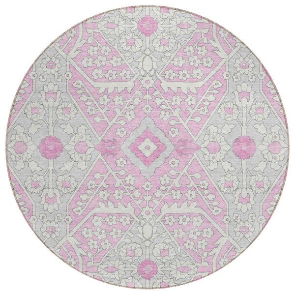 HomeRoots 5' Floral Washable Area Rug in Pink, Ivory & Gray - Durable, Stylish & Perfect for Indoor/Outdoor Use 8' Round 590078