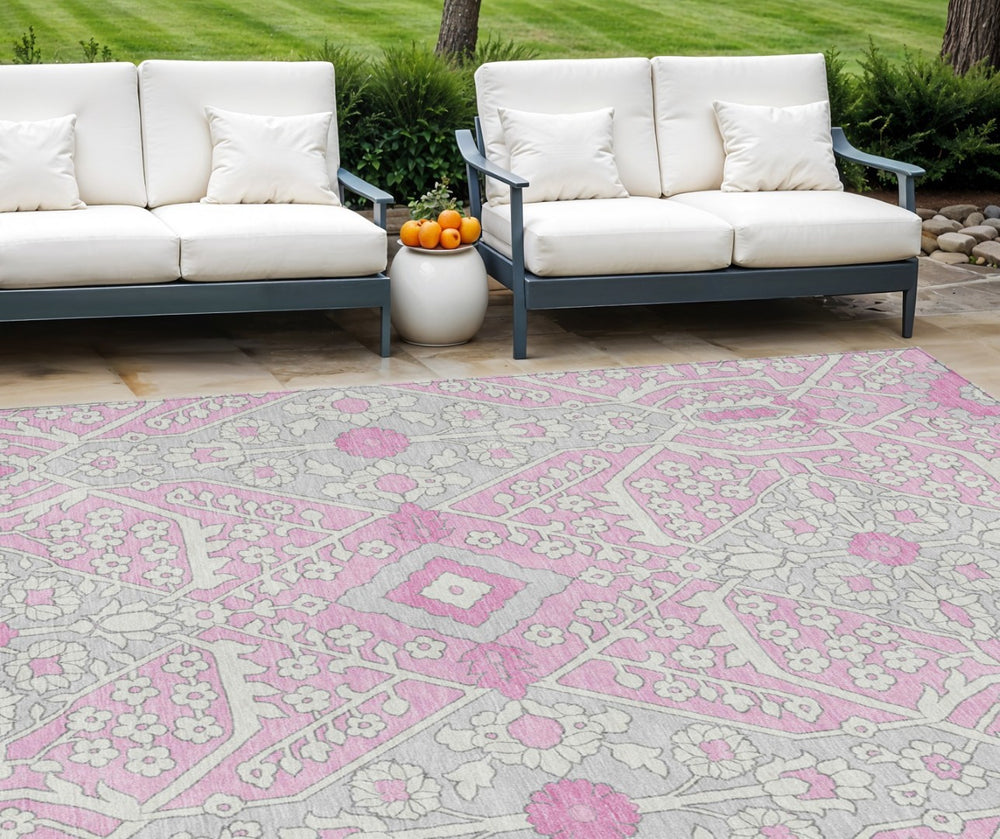 HomeRoots 9' Floral Washable Area Rug in Soft Pink, Ivory & Gray - Durable, Stylish, and Easy to Clean! 9' X 12' 590080