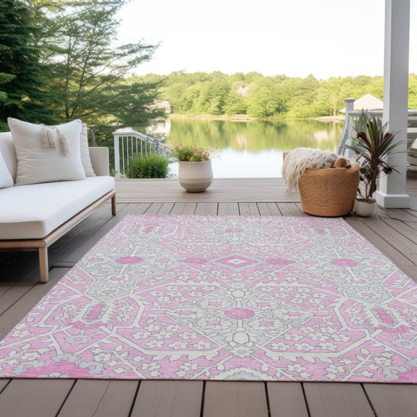 Homeroots 3' Versatile Floral Indoor Outdoor Area Rug In Artichoke Green, Ivory, And Gray - Washable Design 10' X 14' Polyester 590081