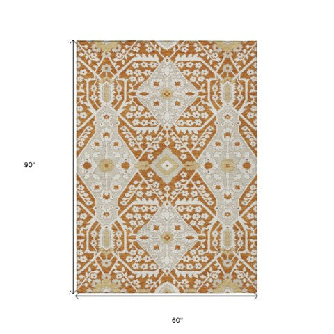 Homeroots 3' Versatile Floral Indoor Outdoor Area Rug In Artichoke Green, Ivory, And Gray - Washable Design 5' X 8' Polyester 590083