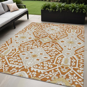 Homeroots 3' Versatile Floral Indoor Outdoor Area Rug In Artichoke Green, Ivory, And Gray - Washable Design 5' X 8' Polyester 590083