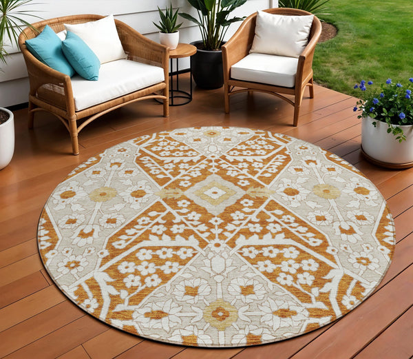 Homeroots 3' Versatile Floral Indoor Outdoor Area Rug In Artichoke Green, Ivory, And Gray - Washable Design 8' Round Polyester 590084