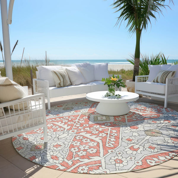Homeroots 3' Versatile Floral Indoor Outdoor Area Rug In Artichoke Green, Ivory, And Gray - Washable Design 8' Round Polyester 590090