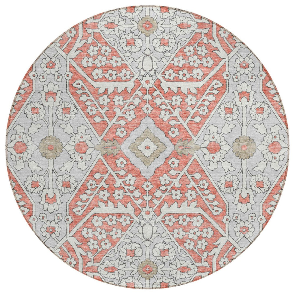 HomeRoots 5' Timeless Salmon Gray and Taupe Floral Washable Area Rug for Indoor and Outdoor Elegance 8' Round 590090