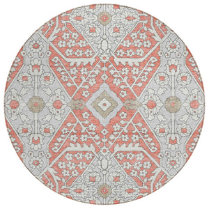 HomeRoots 5' Timeless Salmon Gray and Taupe Floral Washable Area Rug for Indoor and Outdoor Elegance 8' Round 590090
