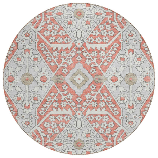 HomeRoots 5' Timeless Salmon Gray and Taupe Floral Washable Area Rug for Indoor and Outdoor Elegance 8' Round 590090