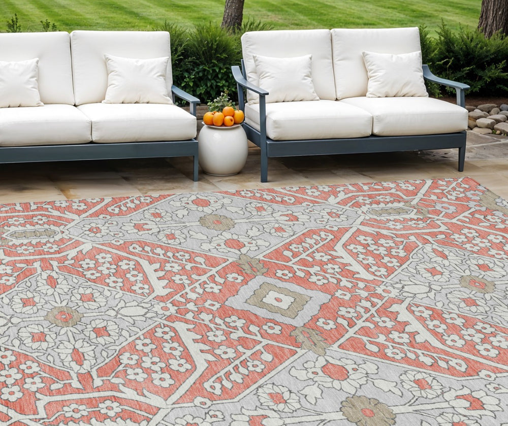 HomeRoots 9' Stylish Salmon Gray & Taupe Floral Washable Area Rug for Indoor & Outdoor Spaces, Easy Care 9' X 12' 590092