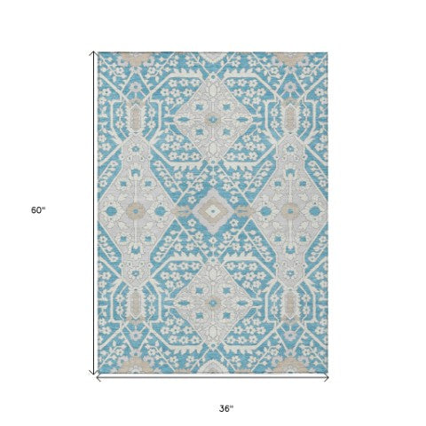 Homeroots 3' Versatile Floral Indoor Outdoor Area Rug In Artichoke Green, Ivory, And Gray - Washable Design 3' X 5' Polyester 590094