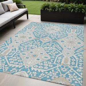 Homeroots 3' Versatile Floral Indoor Outdoor Area Rug In Artichoke Green, Ivory, And Gray - Washable Design 5' X 8' Polyester 590095