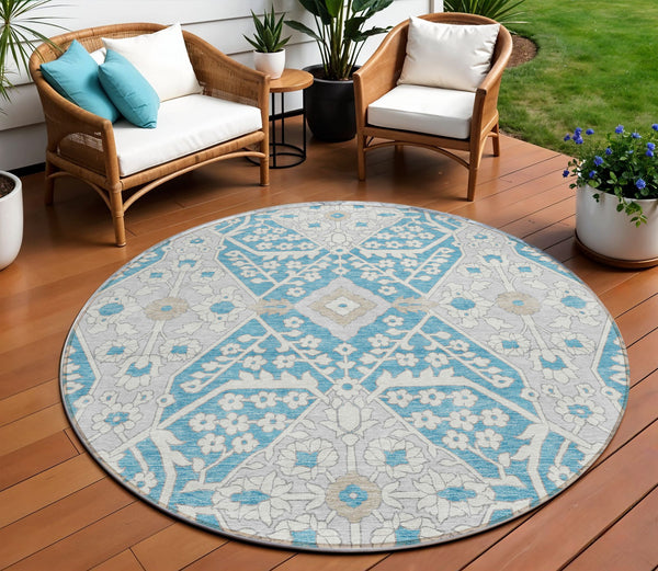 Homeroots 3' Versatile Floral Indoor Outdoor Area Rug In Artichoke Green, Ivory, And Gray - Washable Design 8' Round Polyester 590096