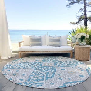 Homeroots 3' Versatile Floral Indoor Outdoor Area Rug In Artichoke Green, Ivory, And Gray - Washable Design 8' Round Polyester 590096