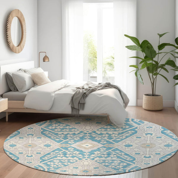 Homeroots 3' Versatile Floral Indoor Outdoor Area Rug In Artichoke Green, Ivory, And Gray - Washable Design 8' Round Polyester 590096