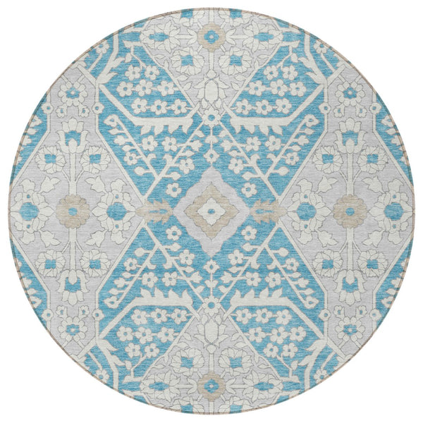 Homeroots 3' Versatile Floral Indoor Outdoor Area Rug In Artichoke Green, Ivory, And Gray - Washable Design 8' Round Polyester 590096