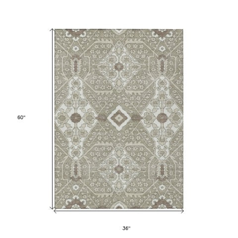 Homeroots 3' Versatile Floral Indoor Outdoor Area Rug In Artichoke Green, Ivory, And Gray - Washable Design 3' X 5' Polyester 590100