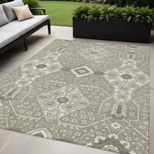 Homeroots 3' Versatile Floral Indoor Outdoor Area Rug In Artichoke Green, Ivory, And Gray - Washable Design 5' X 8' Polyester 590101