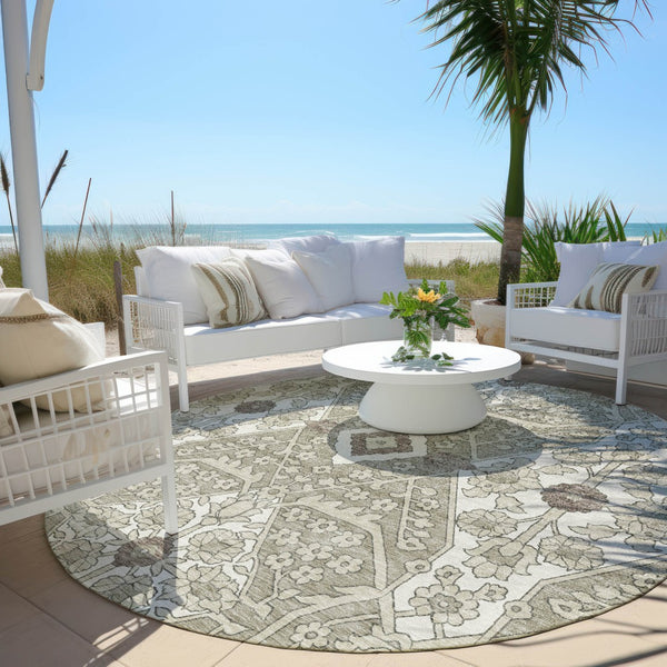 Homeroots 3' Versatile Floral Indoor Outdoor Area Rug In Artichoke Green, Ivory, And Gray - Washable Design 8' Round Polyester 590102