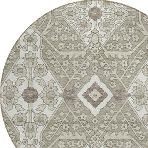 Homeroots 3' Versatile Floral Indoor Outdoor Area Rug In Artichoke Green, Ivory, And Gray - Washable Design 8' Round Polyester 590102