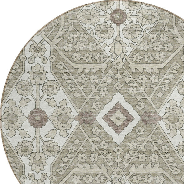 Homeroots 3' Versatile Floral Indoor Outdoor Area Rug In Artichoke Green, Ivory, And Gray - Washable Design 8' Round Polyester 590102