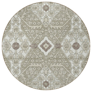 Homeroots 3' Versatile Floral Indoor Outdoor Area Rug In Artichoke Green, Ivory, And Gray - Washable Design 8' Round Polyester 590102