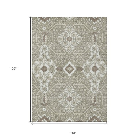 Homeroots 3' Versatile Floral Indoor Outdoor Area Rug In Artichoke Green, Ivory, And Gray - Washable Design 8' X 10' Polyester 590103