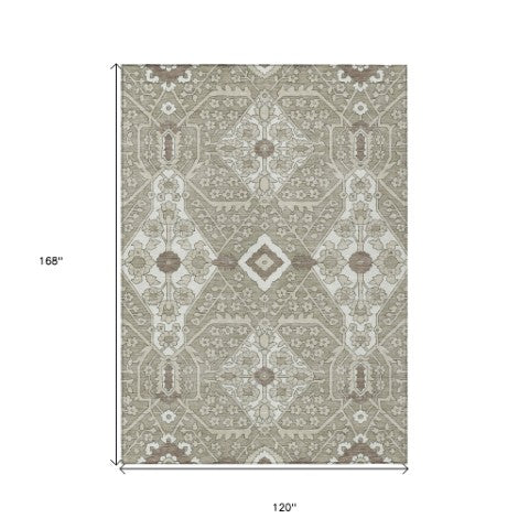 Homeroots 3' Versatile Floral Indoor Outdoor Area Rug In Artichoke Green, Ivory, And Gray - Washable Design 10' X 14' Polyester 590105
