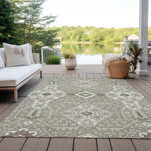 Homeroots 3' Versatile Floral Indoor Outdoor Area Rug In Artichoke Green, Ivory, And Gray - Washable Design 10' X 14' Polyester 590105