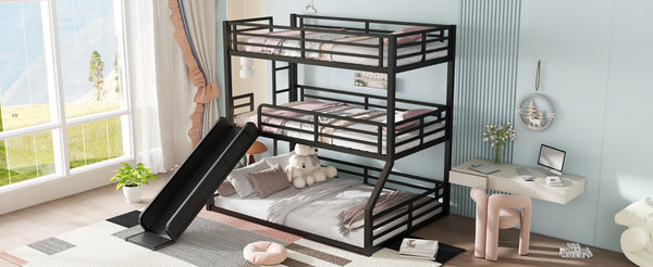 English Elm Twin Bunk Bed With Slide - Metal Triple Bunk For Kids, Heavy-Duty, Noise-Reduced, Safety Guardrails W1580S00173-GIGA