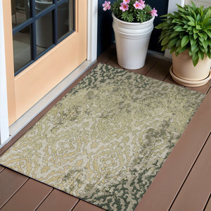 Homeroots 3' Artichoke Green And Beige Medallion Washable Area Rug For Indoor And Outdoor Spaces, Durable Design 3' X 5' Polyester 590112