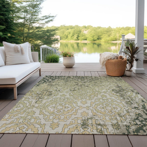 Homeroots 3' Artichoke Green And Beige Medallion Washable Area Rug For Indoor And Outdoor Spaces, Durable Design 5' X 8' Polyester 590113