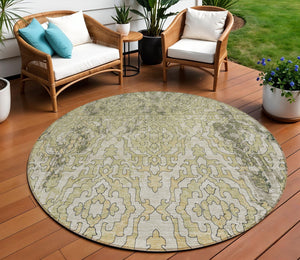 Homeroots 3' Artichoke Green And Beige Medallion Washable Area Rug For Indoor And Outdoor Spaces, Durable Design 8' Round Polyester 590114