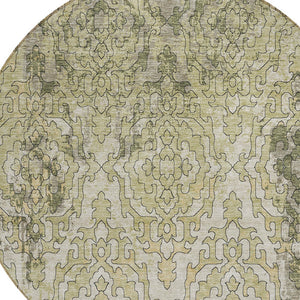 Homeroots 3' Artichoke Green And Beige Medallion Washable Area Rug For Indoor And Outdoor Spaces, Durable Design 8' Round Polyester 590114