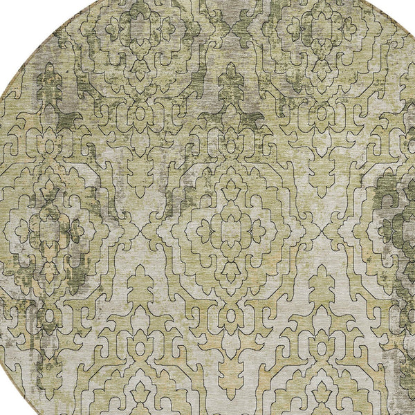 Homeroots 3' Artichoke Green And Beige Medallion Washable Area Rug For Indoor And Outdoor Spaces, Durable Design 8' Round Polyester 590114