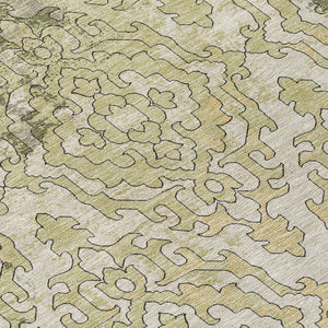 Homeroots 3' Artichoke Green And Beige Medallion Washable Area Rug For Indoor And Outdoor Spaces, Durable Design 8' Round Polyester 590114