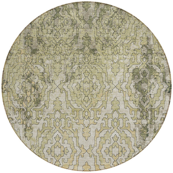 Homeroots 3' Artichoke Green And Beige Medallion Washable Area Rug For Indoor And Outdoor Spaces, Durable Design 8' Round Polyester 590114