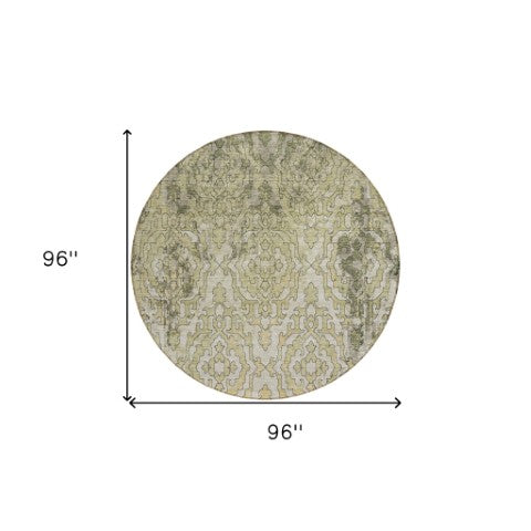 Homeroots 3' Artichoke Green And Beige Medallion Washable Area Rug For Indoor And Outdoor Spaces, Durable Design 8' Round Polyester 590114