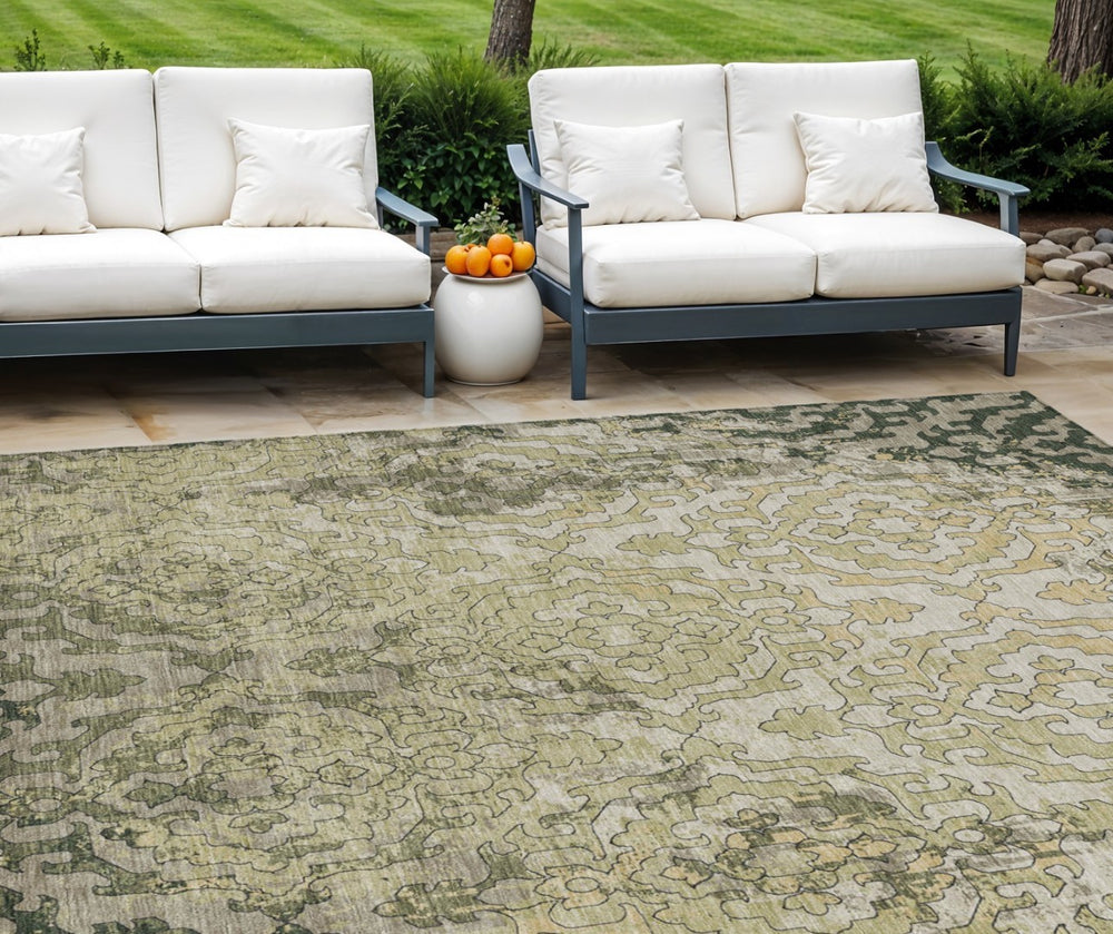 HomeRoots 9' Artichoke Green and Beige Medallion Washable Area Rug – Durable, Stylish for Indoor & Outdoor Spaces 9' X 12' 590116