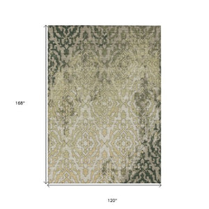 Homeroots 3' Artichoke Green And Beige Medallion Washable Area Rug For Indoor And Outdoor Spaces, Durable Design 10' X 14' Polyester 590117