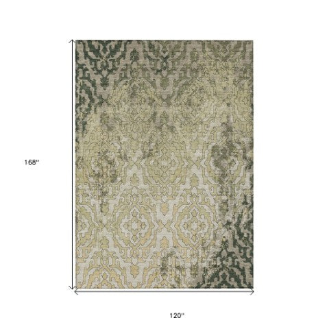 Homeroots 3' Artichoke Green And Beige Medallion Washable Area Rug For Indoor And Outdoor Spaces, Durable Design 10' X 14' Polyester 590117